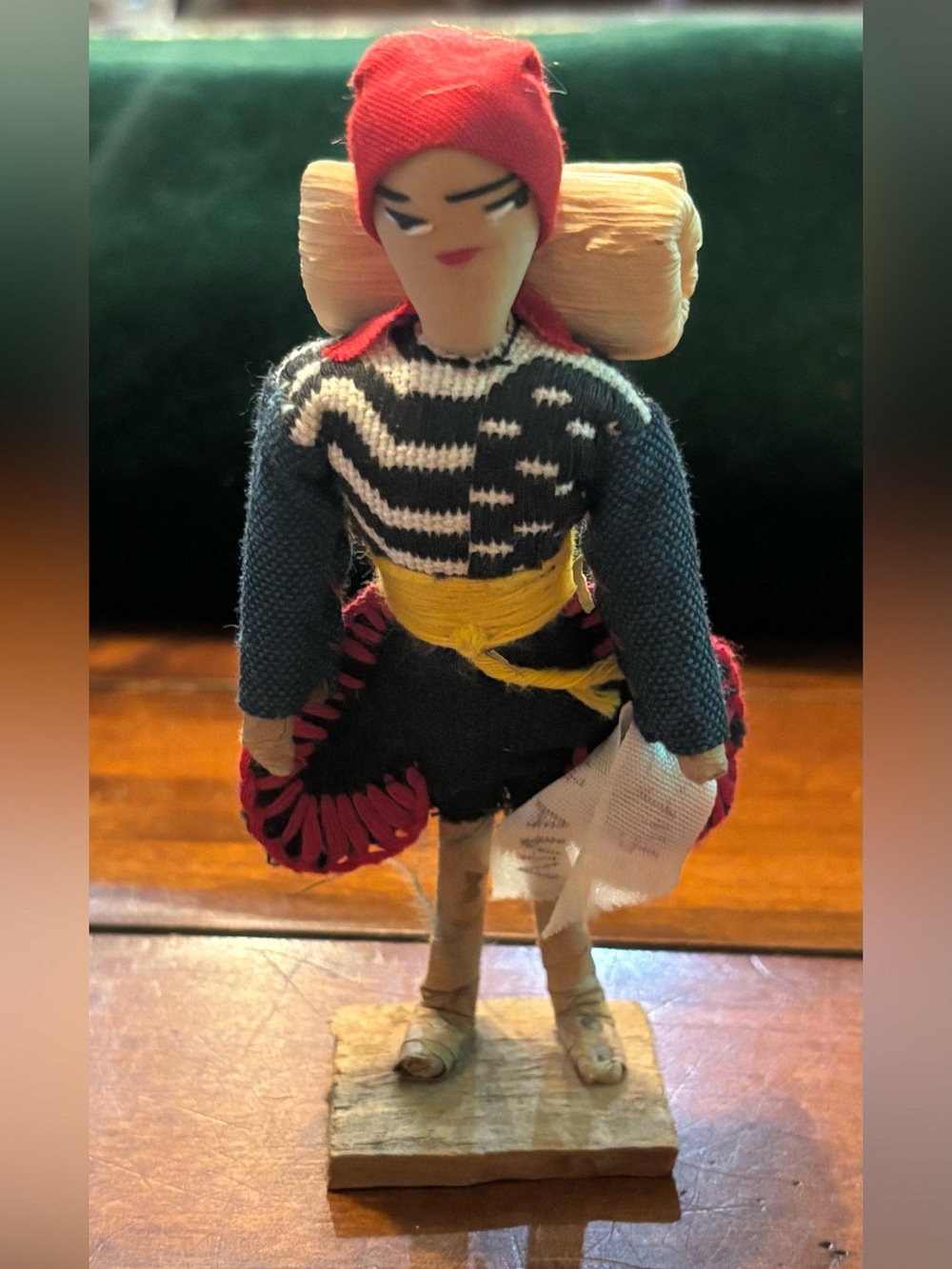 Vintage Guatemala C.A. Folk Art Doll Handmade Traditional Costume Wooden Base